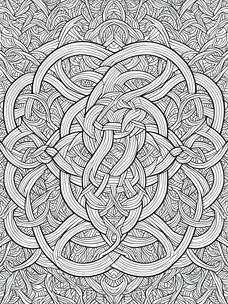 A black and white coloring page of dense interwoven circular knots formed by overlapping flowing lines.