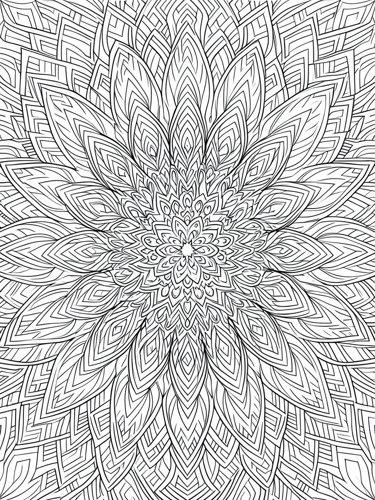 A black and white mandala coloring page with symmetrical layered petals and intricate line patterns radiating from the center.