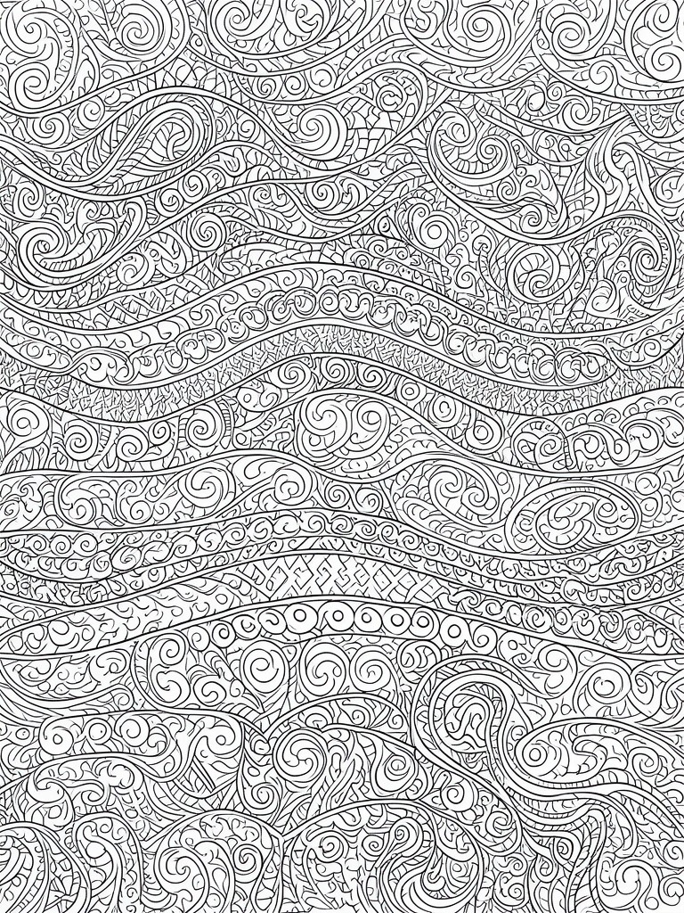 A black and white abstract coloring page with multiple horizontal wavy layers filled with swirls, spirals, and geometric patterns.
