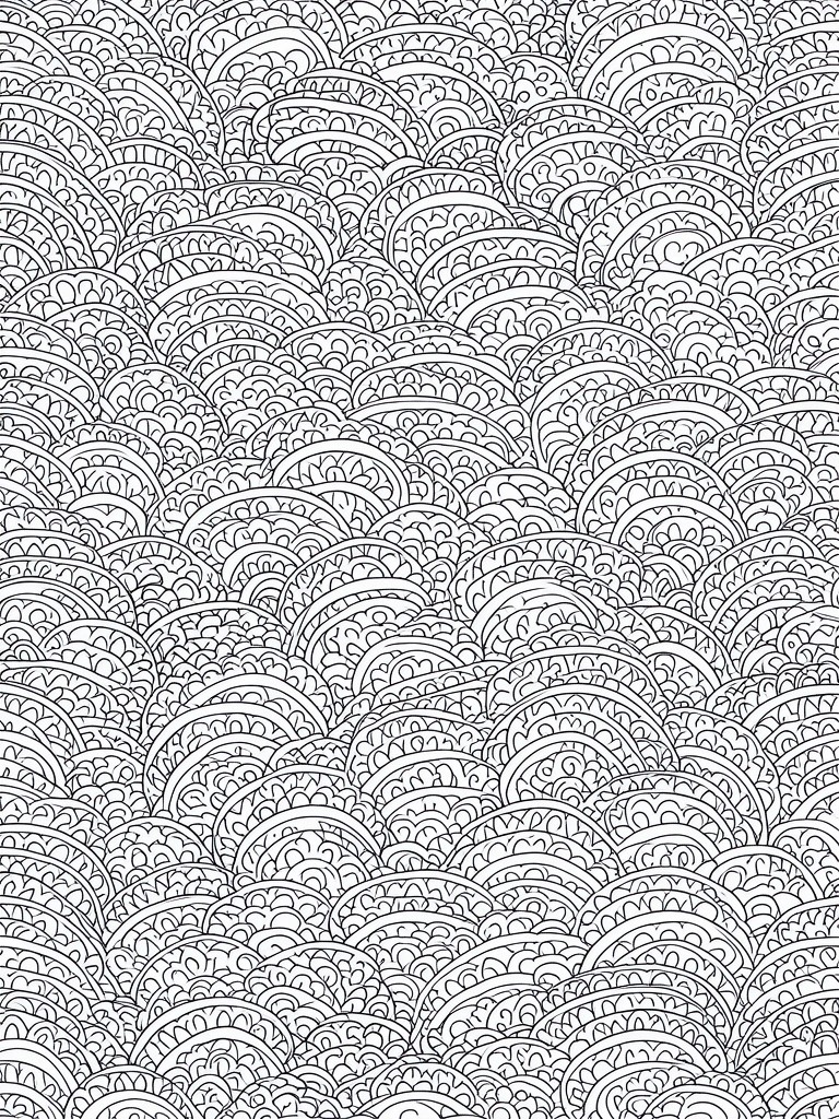 A black and white coloring page covered in overlapping semi-circles arranged in horizontal rows, each filled with different small line patterns.