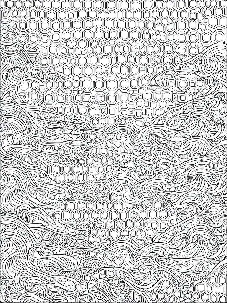 An abstract coloring page with bands of hexagons separated by thick flowing wave lines.