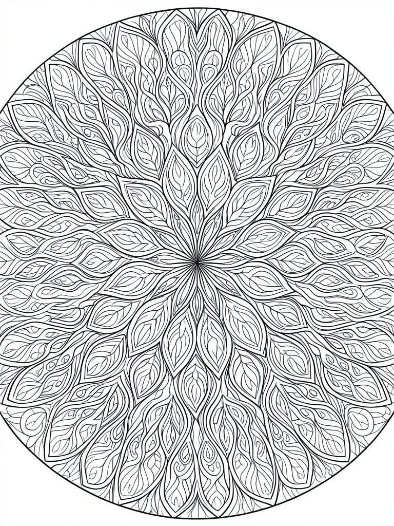 A black and white circular mandala coloring page with layered leaf patterns radiating from the center.