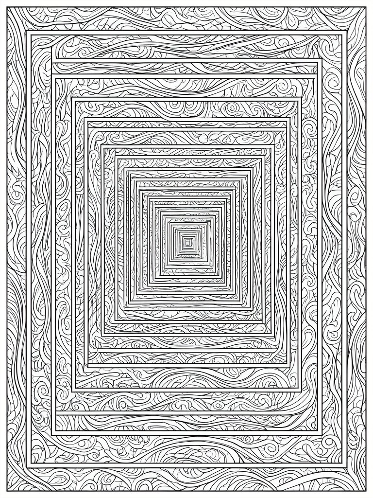 Concentric squares with intricate swirling line patterns in black and white