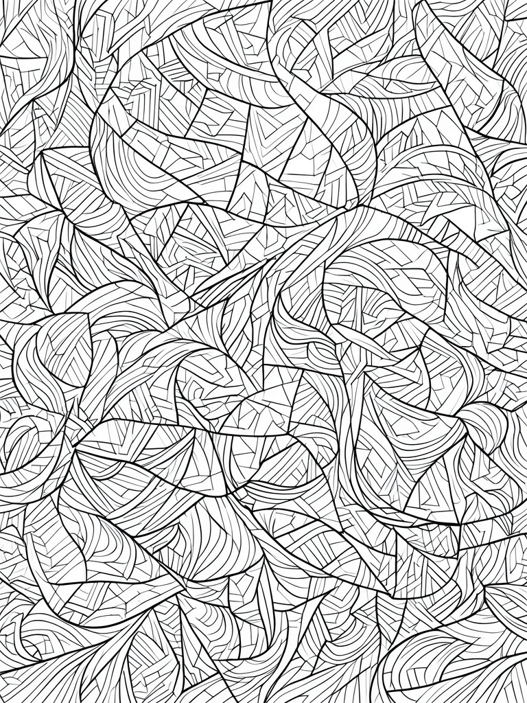 Intricate black and white line art of overlapping abstract leaf shapes with patterns.