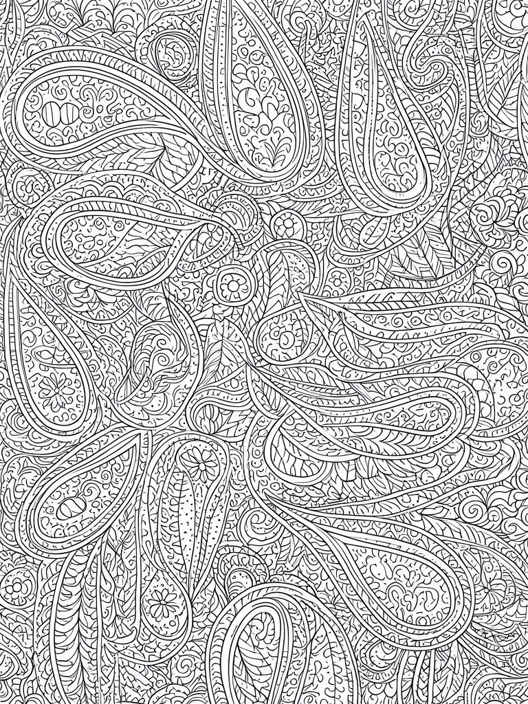 Intricate black and white paisley pattern with floral swirls and leaves.