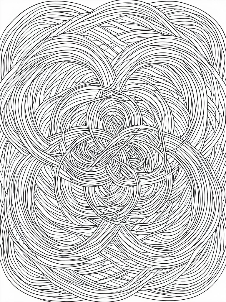 A black and white coloring page with dense overlapping curved lines forming abstract loops and swirls.