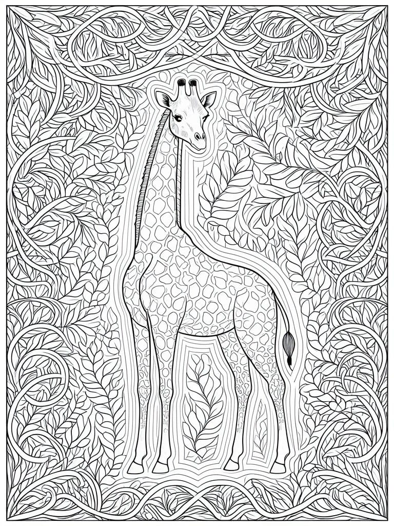 A black and white line drawing of a giraffe surrounded by dense jungle leaves and vines with leaf shapes on its legs.