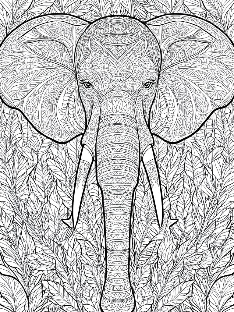 Black and white line art of an elephant head with patterned face and ears, framed by dense leaves.