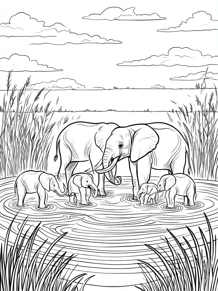 Black-and-white line drawing of elephants and calves at a watering hole with reeds and clouds
