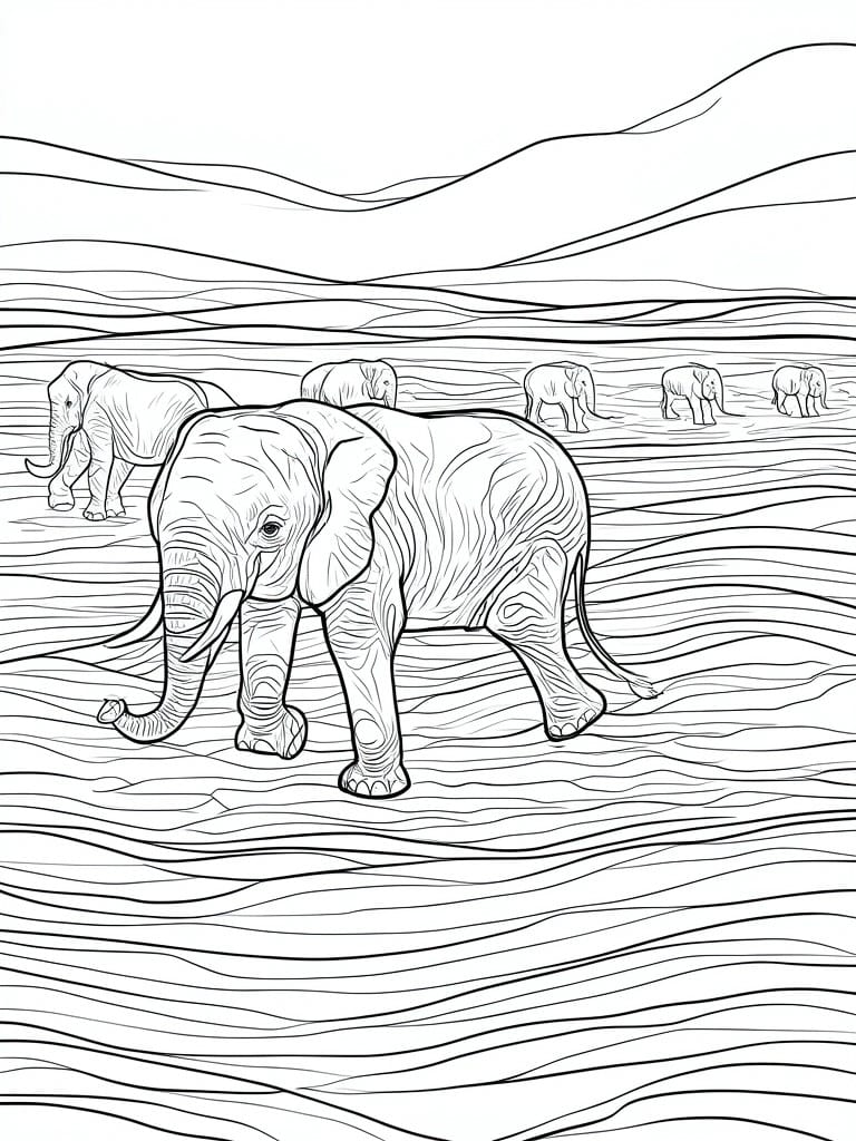 A coloring page of a large elephant walking in the foreground with several smaller elephants behind it across wavy terrain and hills in the background.