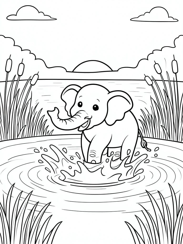 A line drawing of a young elephant standing in water with splashes around its legs, reeds on both sides, and clouds in the sky.