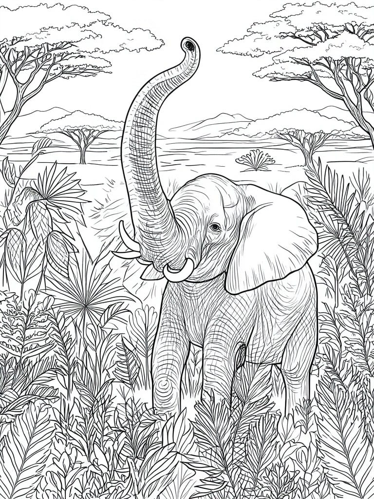 Detailed line art of an elephant with raised trunk amid savanna trees and foliage