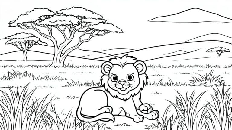 23 Charming Safari Animal Coloring Pages for Lions, Elephants, and Giraffes Black and white line drawing of a lion cub sitting in grass with a large acacia tree and hills in the background.