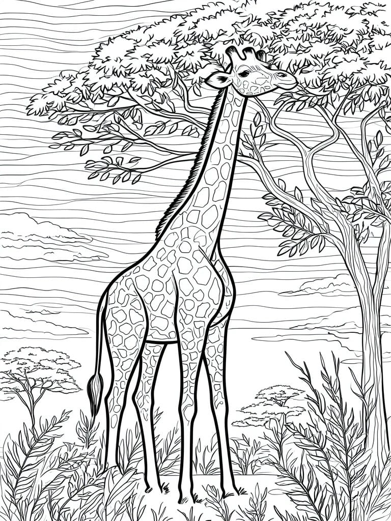 Line art of giraffe eating leaves from tree in African savanna landscape.