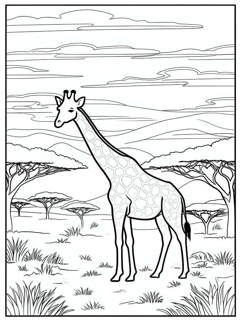 A black and white line drawing of a giraffe standing in a savanna with acacia trees, hills, and grass.