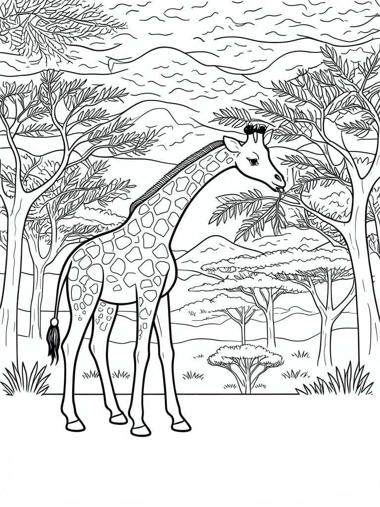 Black-and-white line drawing of giraffe eating leaves from tree in savanna landscape.