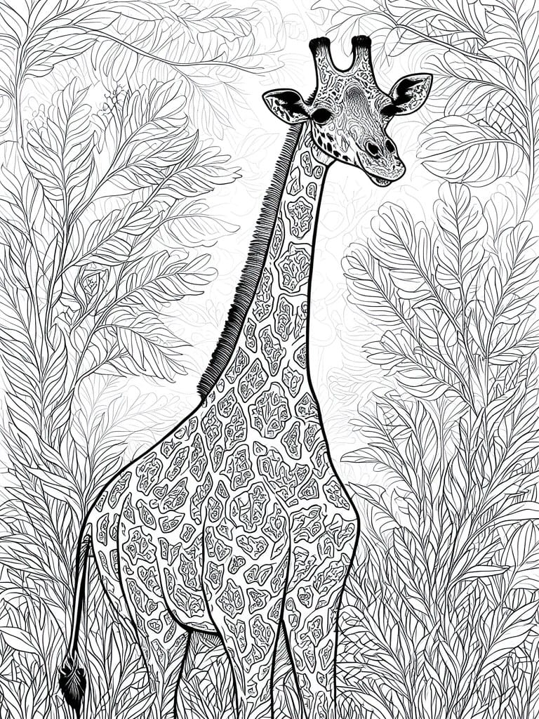 A black and white line drawing of a giraffe standing among dense leaves with patterned markings on its body and neck.