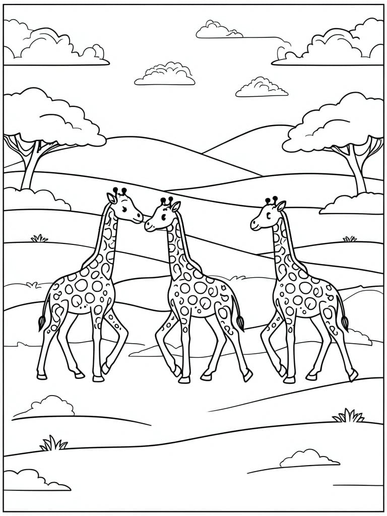 Three giraffes stand in a savanna landscape with hills, trees, and clouds.