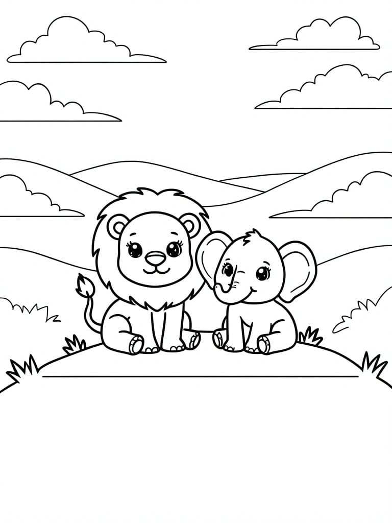 A black and white line drawing of a cartoon lion and elephant sitting side by side on a hill with clouds and hills behind them.
