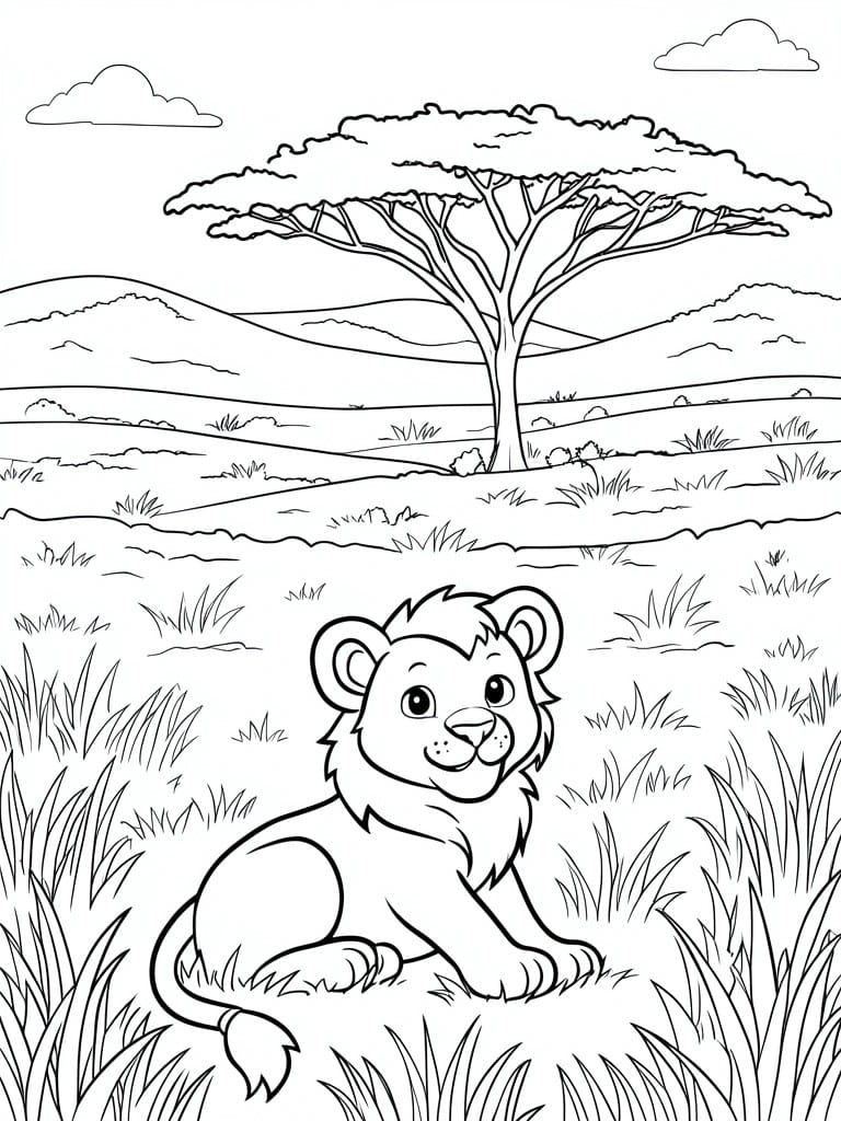 Black and white line drawing of a lion cub sitting in grass with a large acacia tree and hills in the background.
