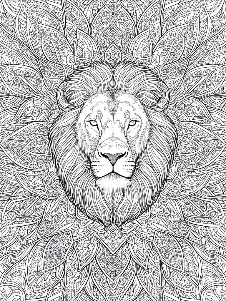 Black and white line art of a lion face centered in an intricate mandala pattern.