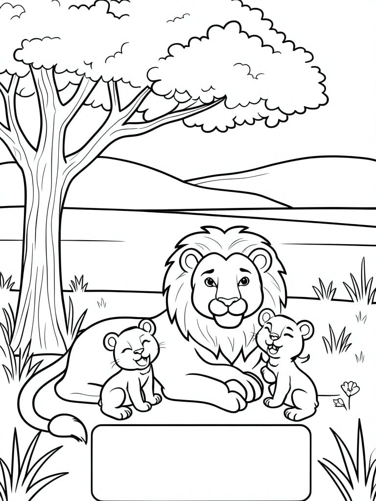 A black and white coloring page shows an adult lion lying down with two cubs next to it in a savanna with a tree and a blank rectangle at the bottom.