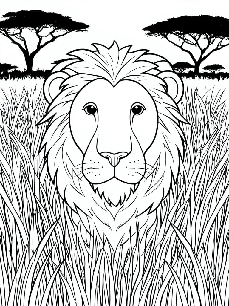 A line drawing of a lion's face surrounded by tall grass with acacia trees in the background.