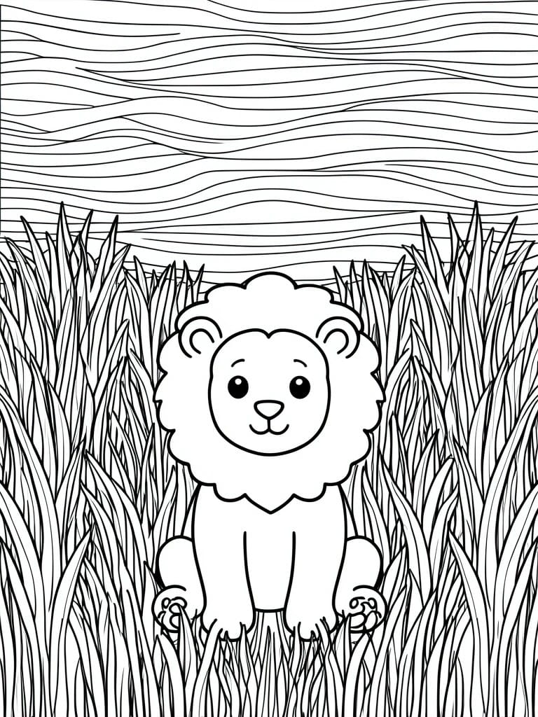 A black and white line drawing of a cute lion cub standing in tall grass with wavy lines above.