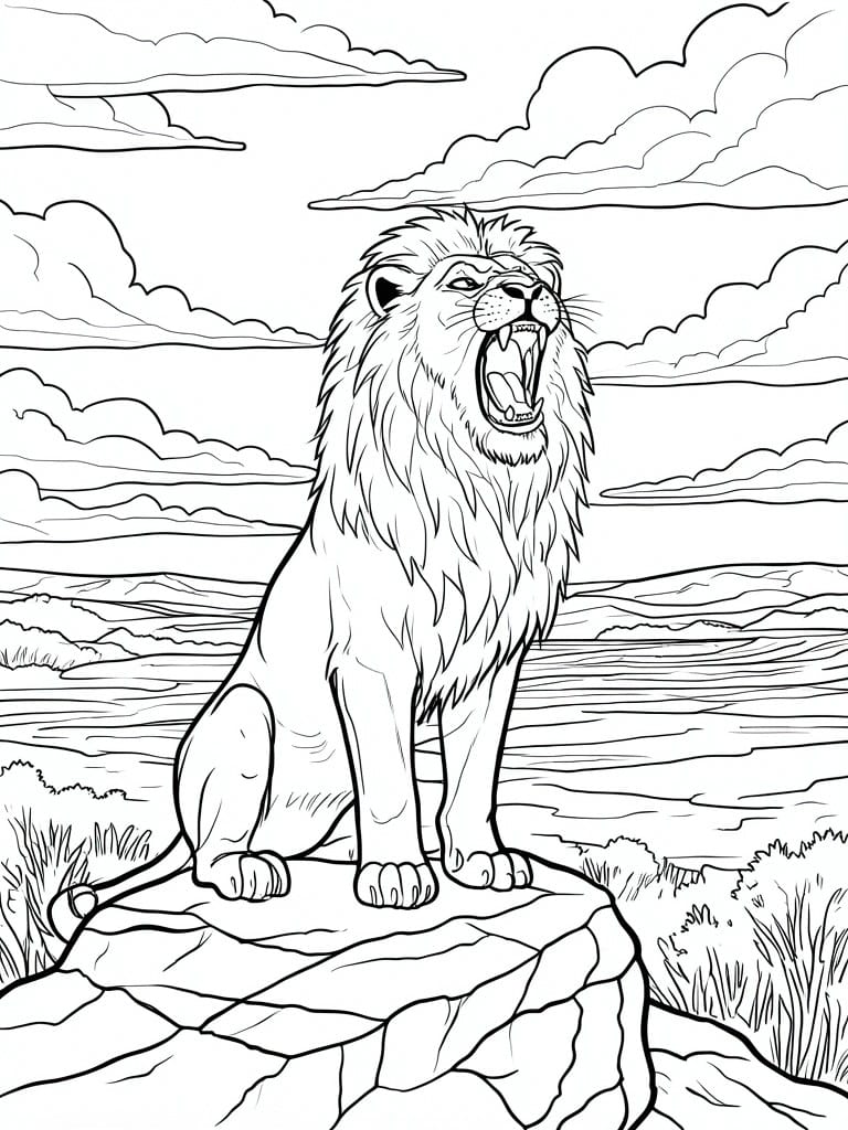 Roaring lion with full mane on rocky ledge under cloudy savanna sky