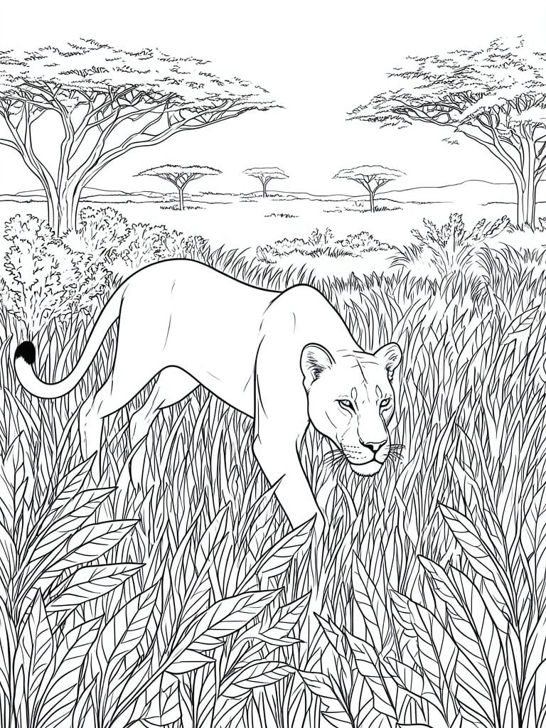 A black and white line drawing of a lioness walking through tall grass with acacia trees in the background.