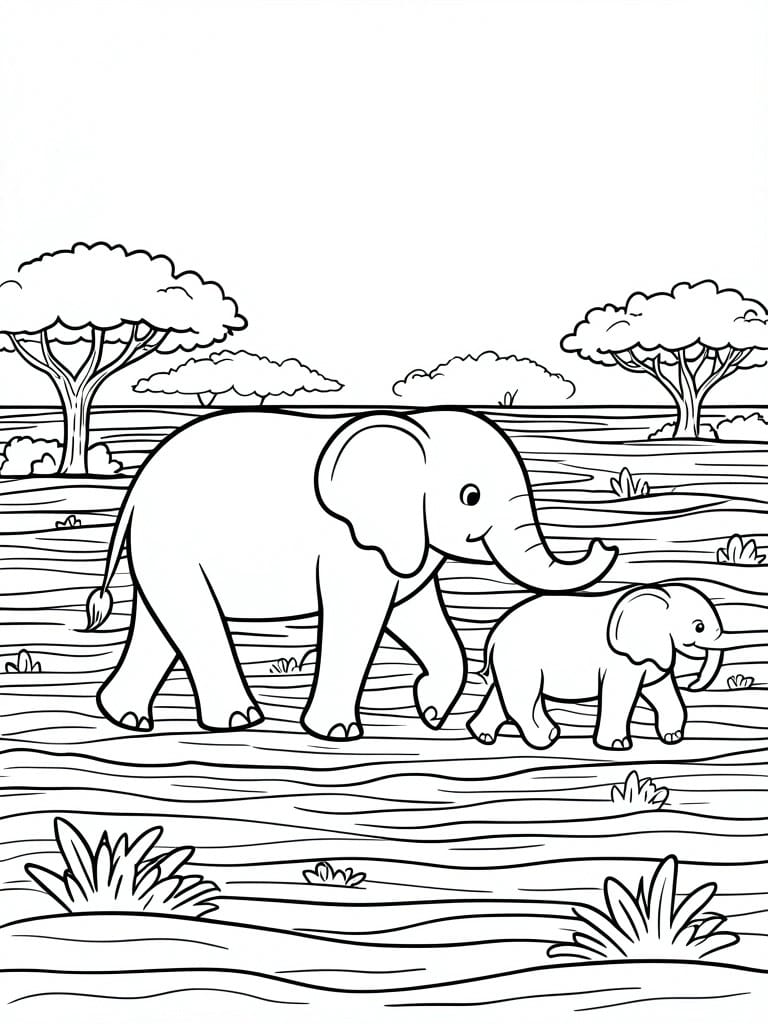 A black and white line drawing of an adult elephant and a baby elephant walking across a savanna with trees in the background.