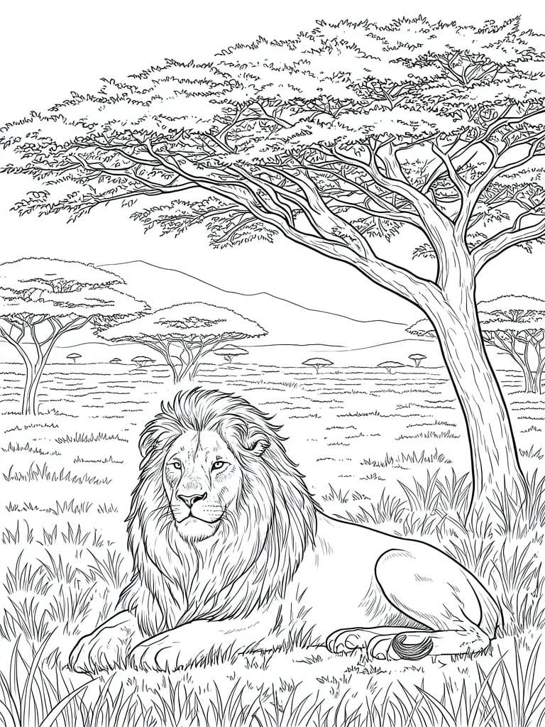 A black and white line drawing of a lion resting in grass under a large tree with savanna hills in the background.