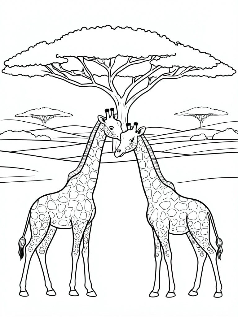 A black and white line drawing of two giraffes standing close together under a large tree in a savanna landscape.