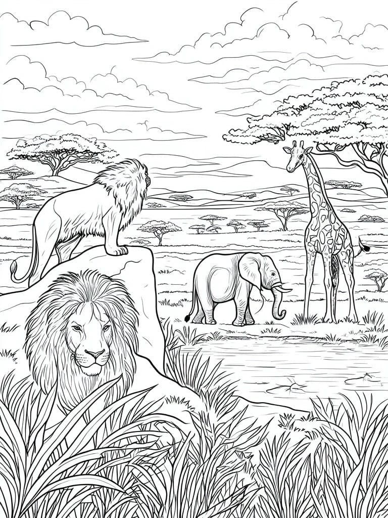 Line drawing of two lions, elephant, and giraffe in savanna landscape with trees.