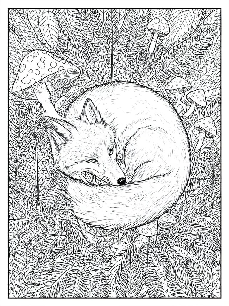 A black and white line drawing shows a fox curled in a ball among ferns and various spotted mushrooms.