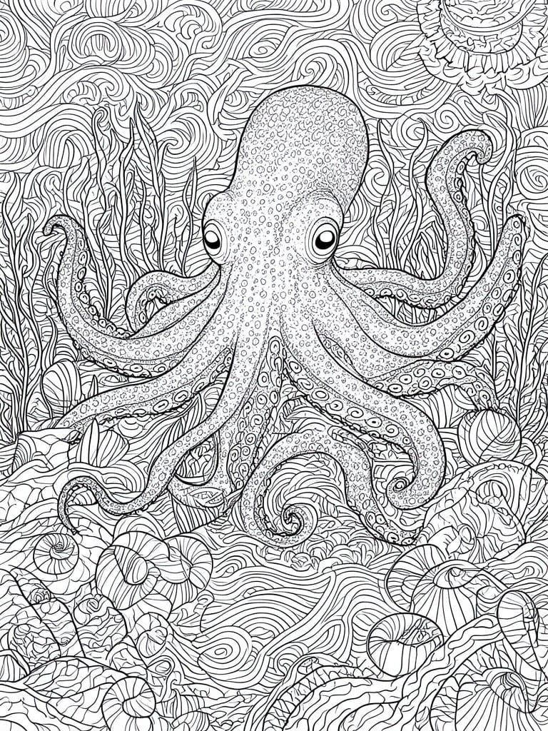 Intricate black-and-white line drawing of octopus amid seaweed, shells, and waves.