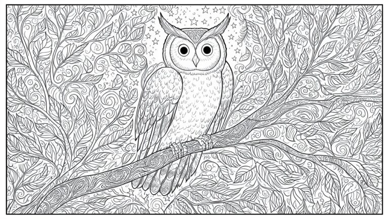 24 Detailed Animal Coloring Pages for Older Kids Who Like Extra Patterns Intricate coloring page of an owl perched on a branch amid stars and swirling foliage