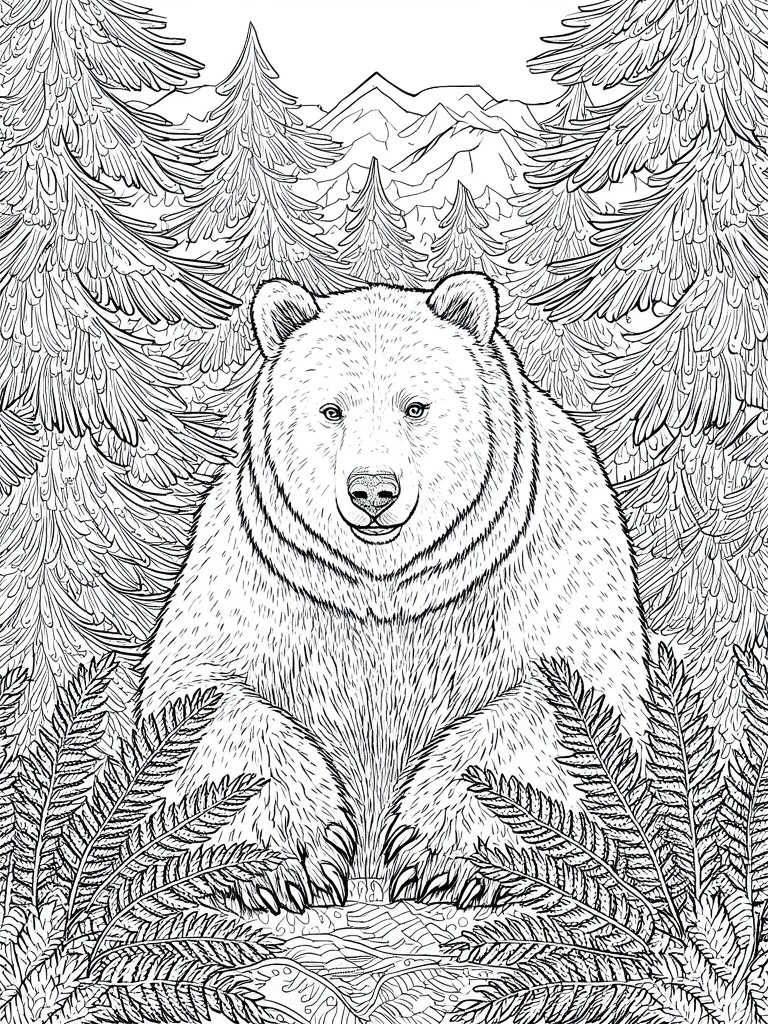 Intricate black and white line art of a bear amid ferns, pines and mountains