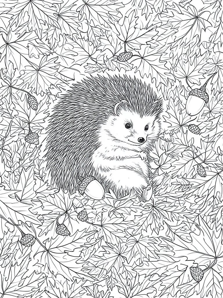 Line drawing of hedgehog amid maple leaves and scattered acorns.