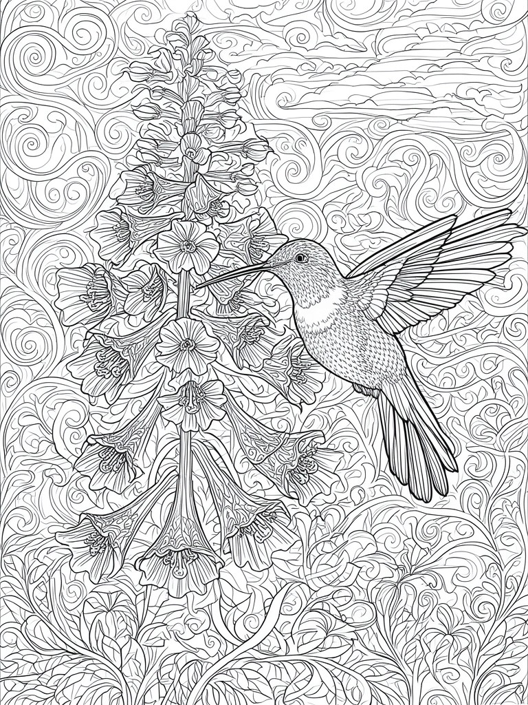 A coloring page shows a hummingbird hovering beside a tall flower stalk with swirling background patterns and foliage at the bottom.