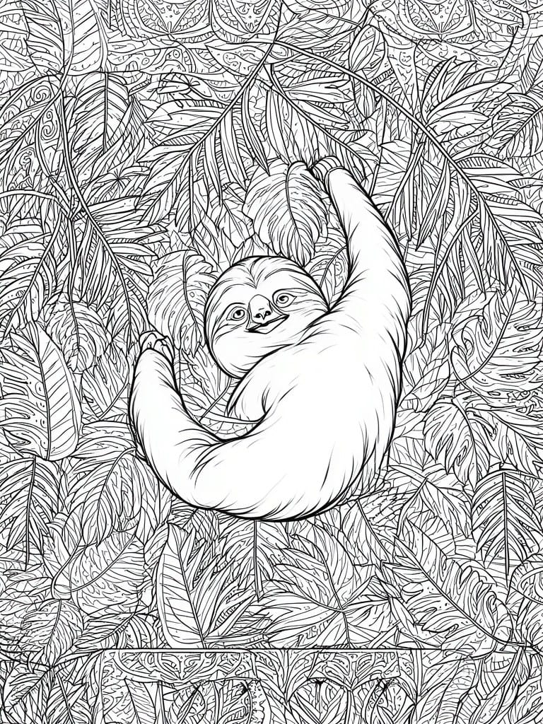 A black and white coloring page of a sloth hanging from vines among dense jungle leaves with patterns.