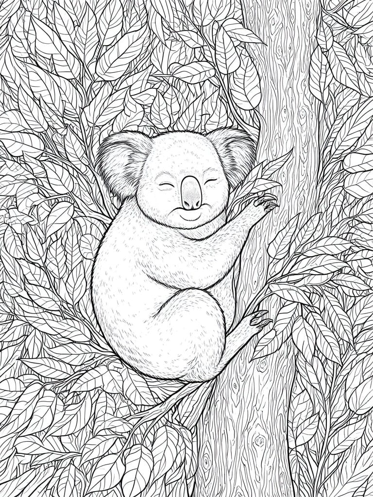 A black and white line drawing of a koala sleeping on a tree branch surrounded by many leaves.