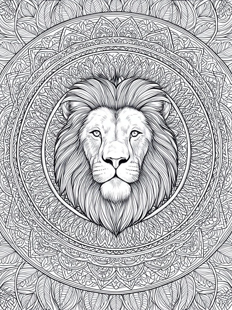 A black and white coloring page showing a lion head centered inside multiple circular mandala frames with leaf and geometric patterns.