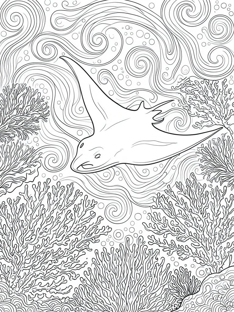 A black and white line drawing of a manta ray swimming among coral reefs with swirling water patterns and bubbles.