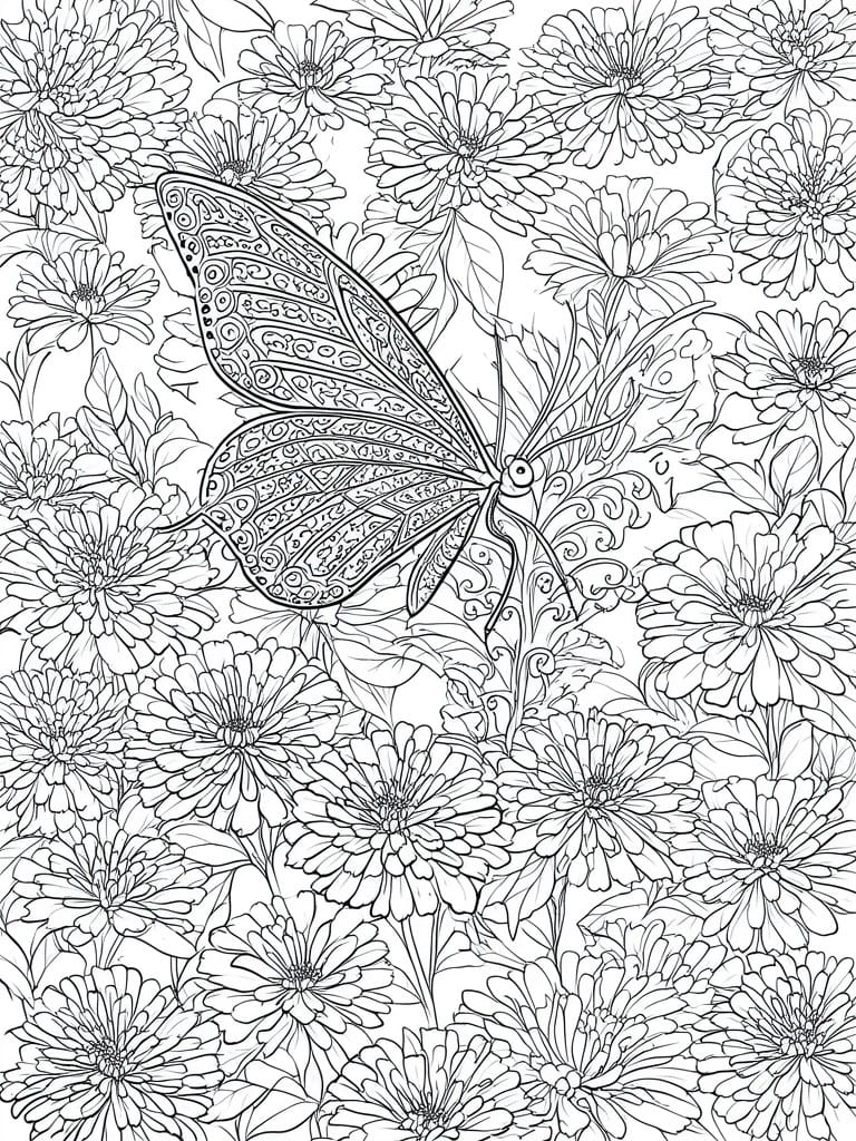 A black and white coloring page shows a butterfly with ornate patterned wings surrounded by many detailed flowers.