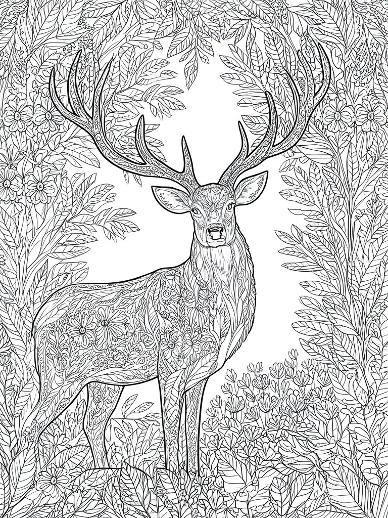 A black and white line drawing of a deer with intricate patterns on its body, standing amid dense leaves and flowers.