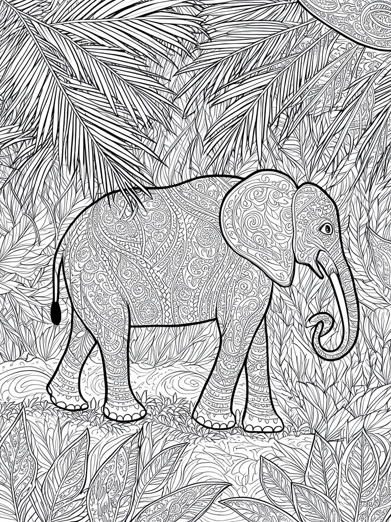 Intricate black-and-white line art of a patterned elephant amid jungle foliage.