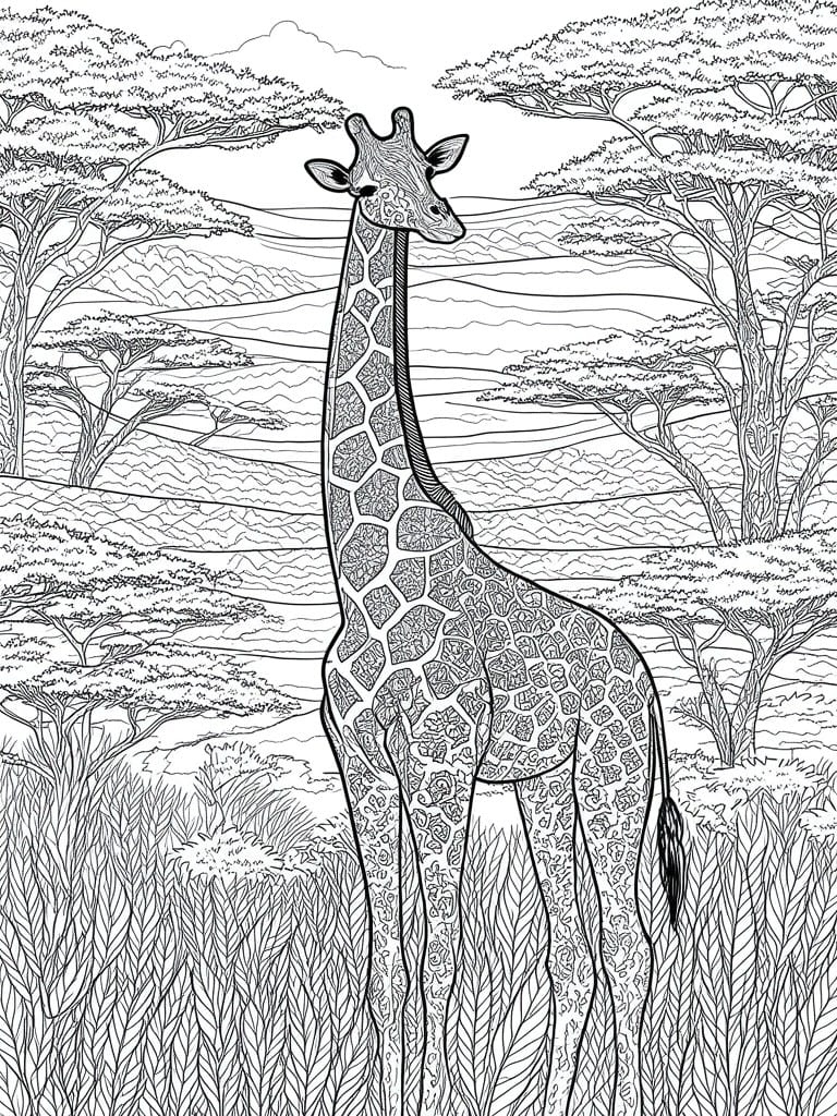 A black and white line drawing of a giraffe standing in tall grass with acacia trees and layered hills in the background, all covered in intricate patterns.