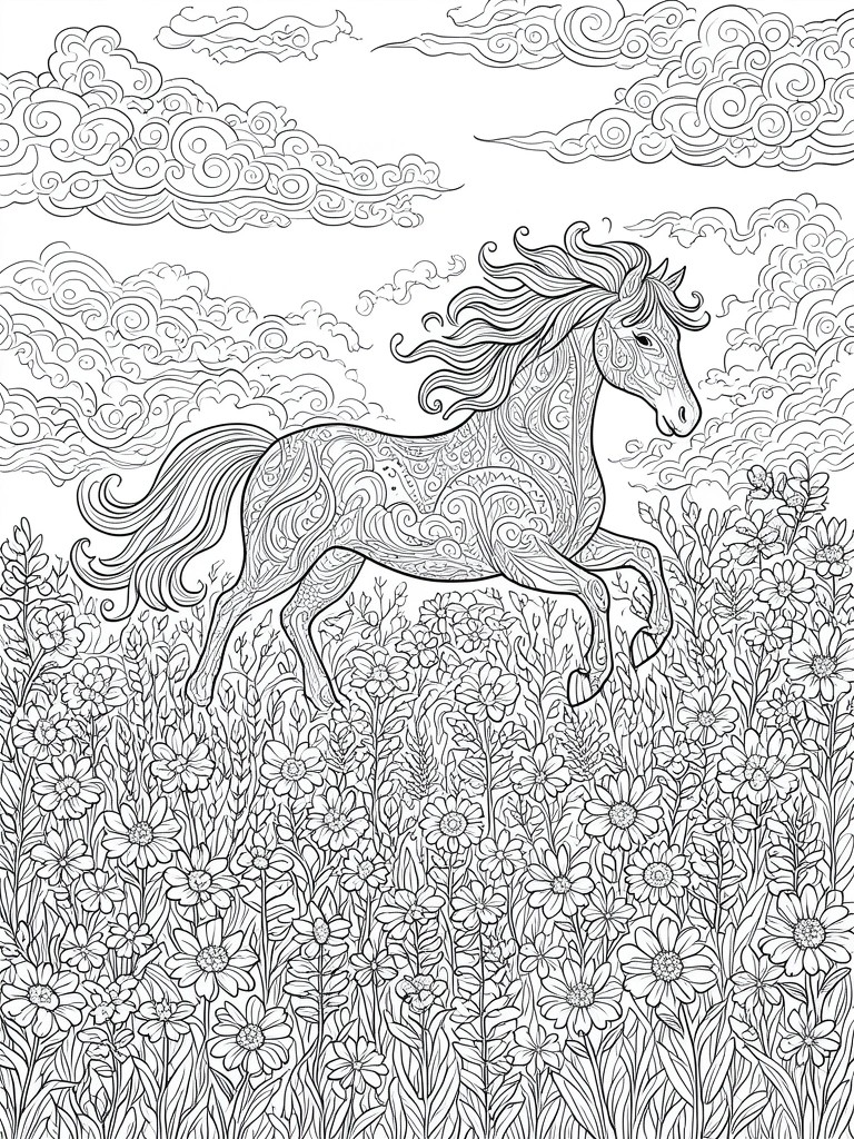 A line drawing of a patterned horse running through flowers under clouds.