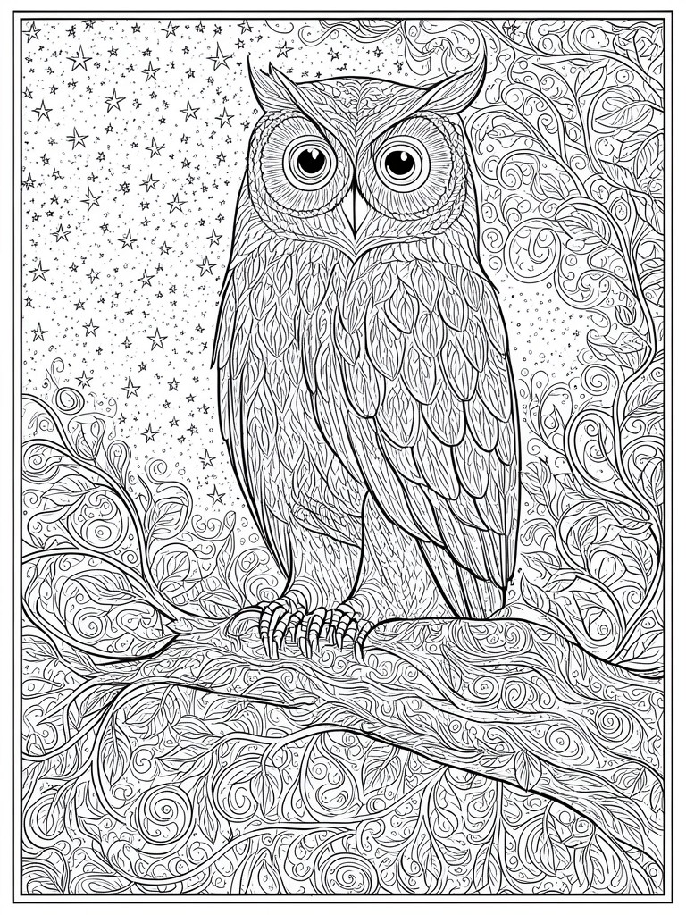 Intricate coloring page of an owl perched on a branch amid stars and swirling foliage